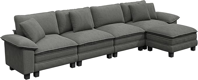 PHI VILLA Cloud Modular Couch Sets, 157.5" Sectional Sofa with L-Shaped Chaise, 5-Seater Upholstered Couches with Movable Ottoman for Living Room, Corduroy Fabric, Grey