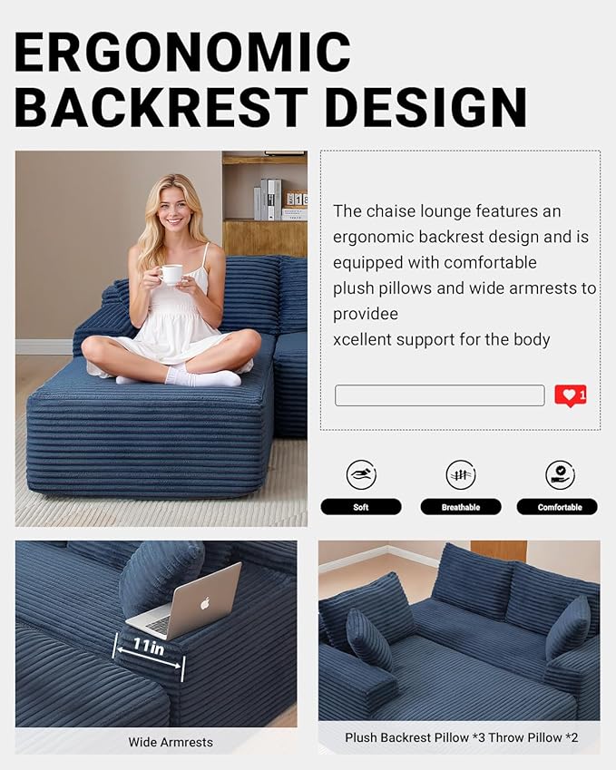 108" Cloud Sectional Couch,Modern Modular Sectional Sofa with Deep Seat,Corduroy Boneless Couches with L-Shape Chaise for Living Room,No Assembly Required (Blue, Right Facing Chaise)