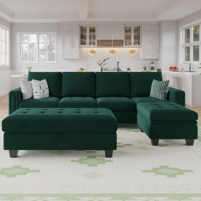 Belffin Velvet Convertible 4-Seat Sectional Sofa with Reversible Chaise L Shaped Sofa Couch Furniture Sets Sectional Couch with Storage Ottoman Green