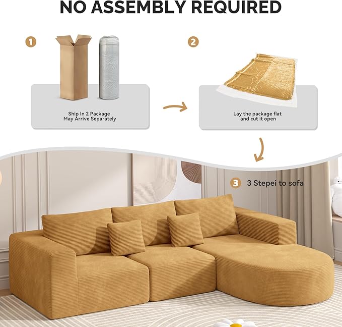 Boneless Couches for Living Room,Cloud Sectional Couch with L-Shape Chaise,Modern Modular Sofa with Deep Seat Upholstered Comfy Couches for Bedroom,No Assembly Required,1PCS