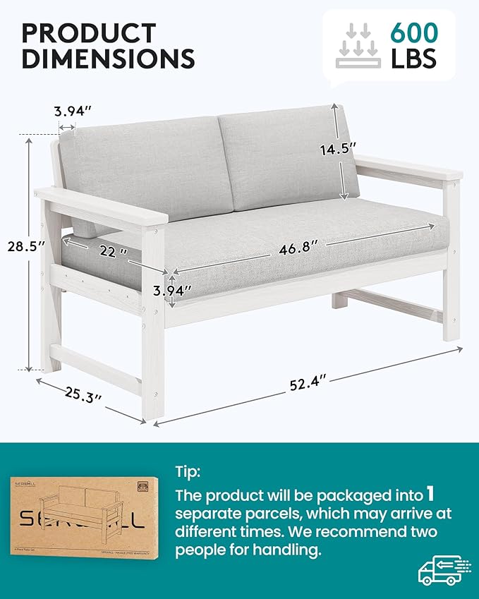 SERWALL HDPE Outdoor Loveseat with Cushions, All Weather Use Outdoor Loveseat Sofa, White Frame/Khaki Cushion