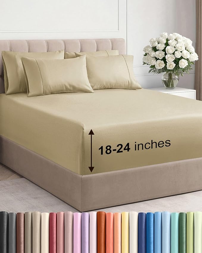 Extra Deep Full Sheet Set - 6 Piece Breathable and Cooling Sheets - Hotel Luxury Bedding for Women, Men, Kids & Teens - Easy & Secure Fit - Soft, Wrinkle Free and Comfy - Extra Deep Pockets - Beige