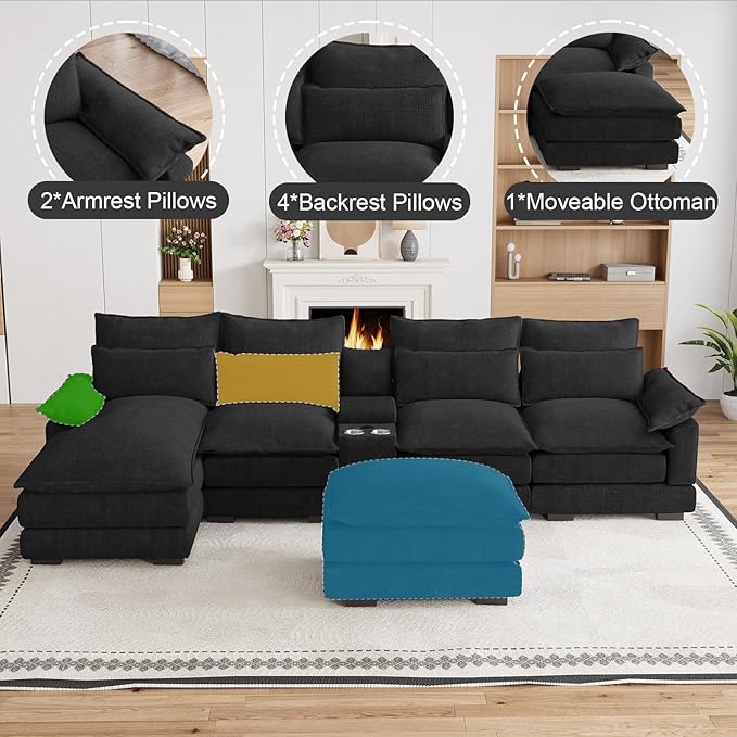135" U Shaped Cloud Couch Sectional Modular Sectional Couches for Living Room Oversized Comfy Chenille Sofa Cloud Couch Set with Storage Central Console, USB Ports, Chaise Lounge, Ottoman, Black