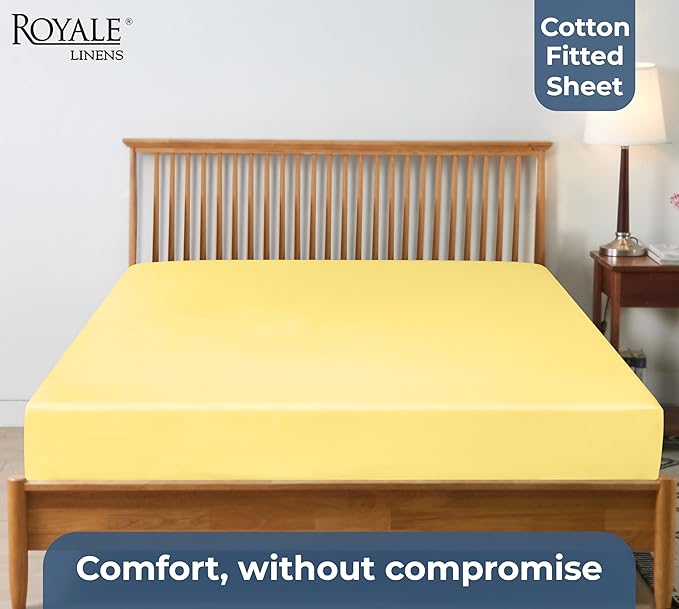 Royale Linens 100% Organic Cotton Fitted Sheet - Percale Weave - Super Soft Deep Pocket Bottom Sheets - Elastic Sheet Twin XL Size - Twin XL Fitted Sheets Only - (39"x80"+15", Yellow)