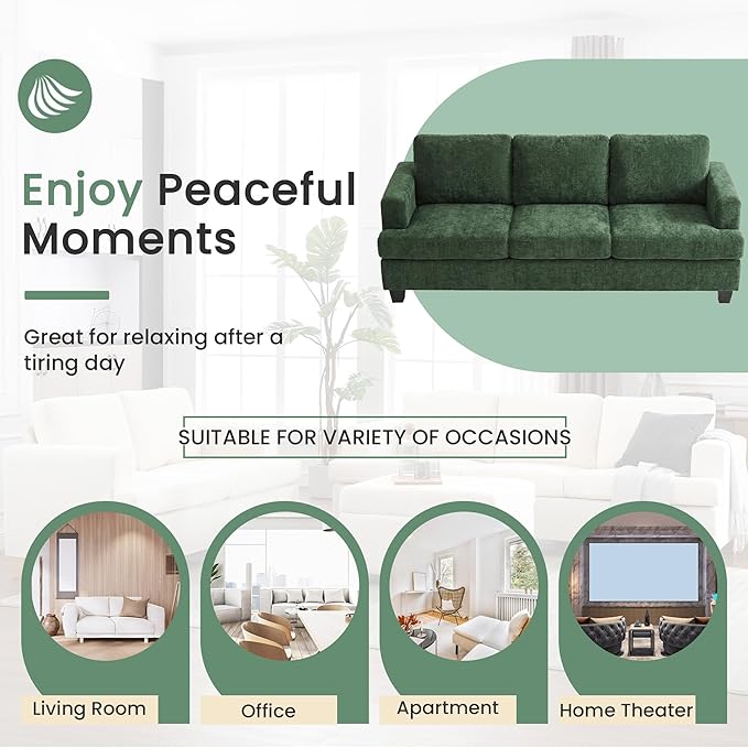 YOUDENOVA Sofa, 89" 3-Seater Deep Seat Sofa, Modern Comfy Couches for Living Room Apartment Lounge, Green Chenille
