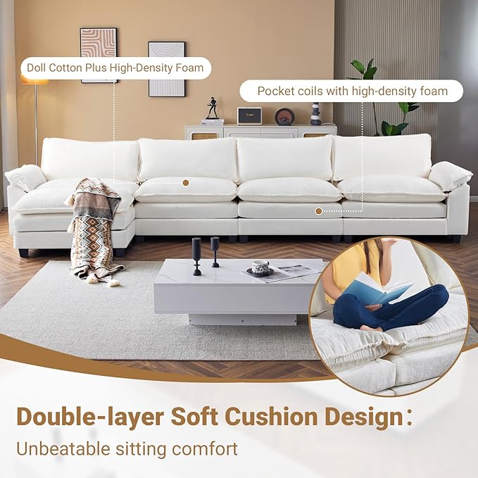 VINGLI 157" Cloud White/Cream Convertible Sectional Sofa, Comfy L-Shape Extra Deep Seat Sofa Couch for Living Room,Modern Chenille 4-Seat Convertible Sofa with Movable Ottoman for Small Space