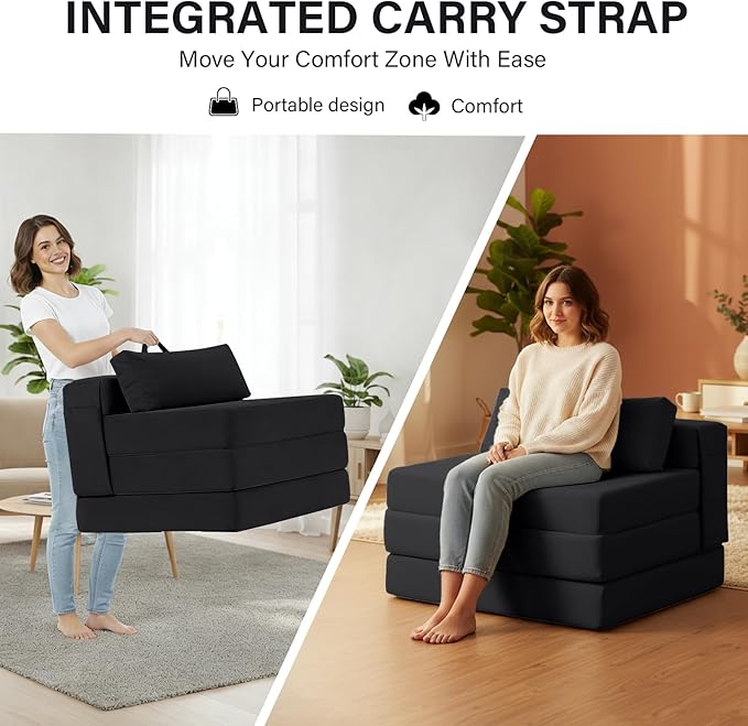 Tiita Folding Sofa Bed Chair, 4-Fold Convertible Sleeper Chair with Lumbar Pillow, Washable Cover & Side Pocket, Floor Couch Bed with Raised Seat, Single Size for Small Spaces, Black
