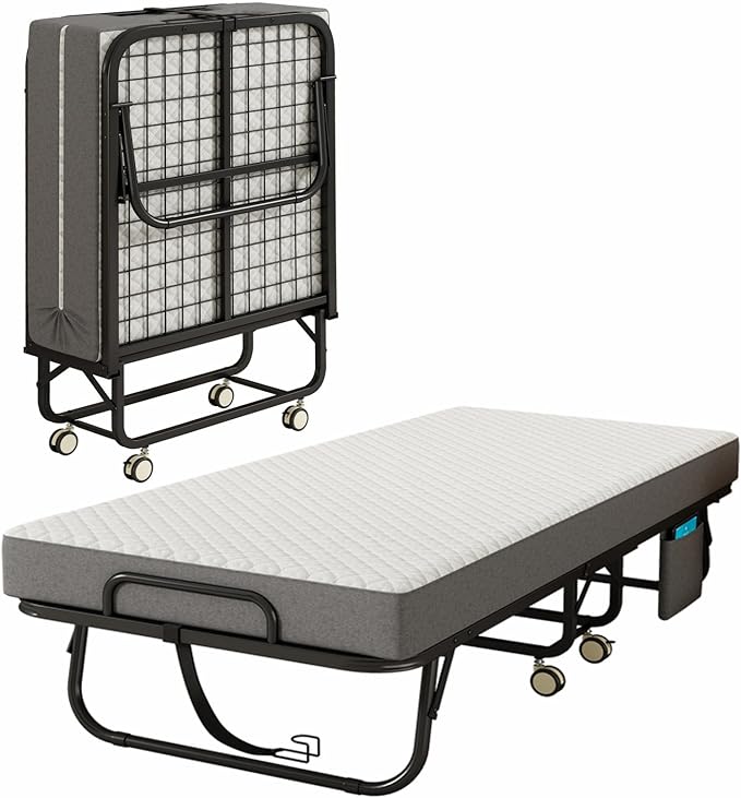 Folding Bed with Mattress for Adults, 75" x 31"Portable Cot-Size Rollaway Bed, Metal Frame Foldable Guest Bed with Memory Foam Mattress,Deluxe Single Beds with Side Storage Pocke