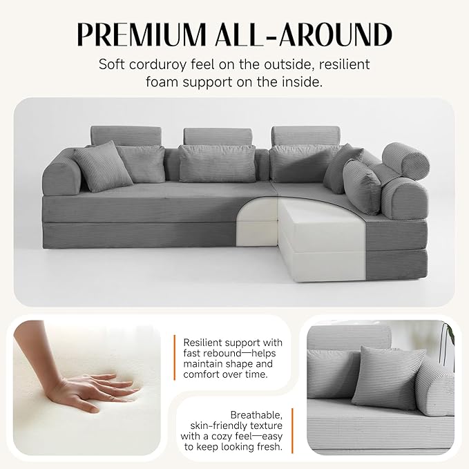 106" L-Shaped Modular Boneless Couch, 2-Piece System (2×70.87"), Convertible Sectional to 141.7" Straight Sofa, Corduroy Couch in a Box, Headrest & Back Pillows for Living Room, Light Grey