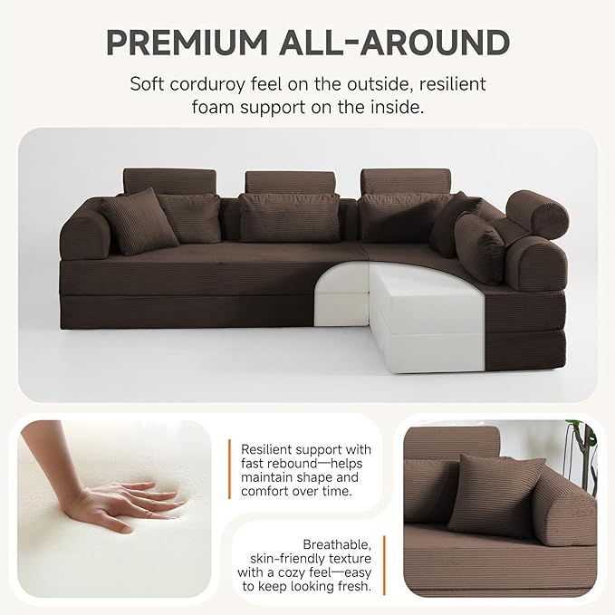 106” L Shaped Boneless Sectional Couch, Two 70.87” Pieces Convert to 141.7” Extra Long Straight Sofa, Corduroy Couch in a Box with Headrest and Back Pillows for Apartment Living Room, Brown
