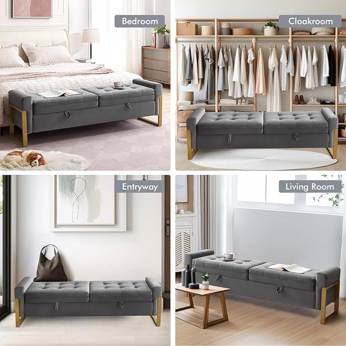 67" Storage Bench for Bedroom, End of Bed Bench King Size, Double Lids Ottoman Bench with Golden Legs Foot of Bed, Upholstered Velvet Storage Bench for Window Living Room Entryway, Dark Grey