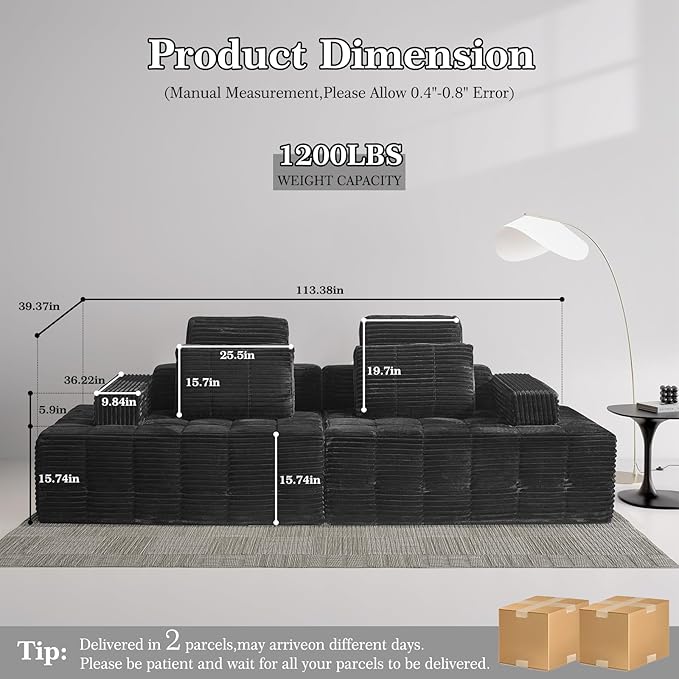Modular Sectional Sofa with Movable Handrails, Straight-Row Boneless Sofa Sectional Couch for Living Room, Deep Seat Memory Foam Faux Rabbit Fur Fabric Sofa, No Assembly Required(Black)