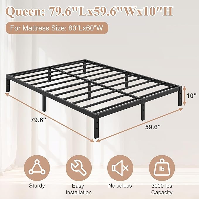 HOBINCHE 10 Inch Queen Size Bed Frame - No Box Spring Needed Heavy Duty Metal Platform Mattress Foundation with Steel Slats, Non-Slip Noise Free Easy Assembly Black Bedframes