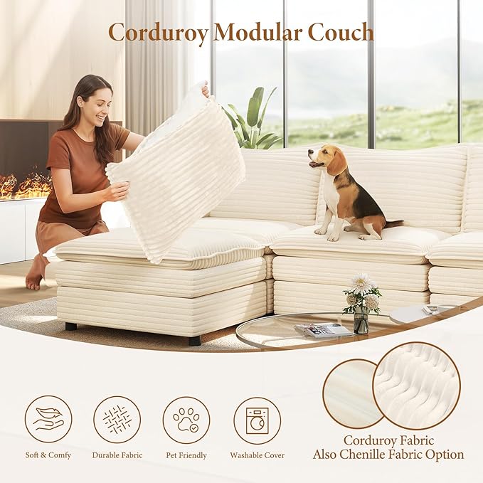 Vesgantti 101" V-Shaped Corner Couch Sectional, 7 Seat Customizable Modular Cloud Couches with Movable Ottoman, Corduroy Deep Seat Sofa Set with Chaise for Living Room, Bedroom and Apartment, Beige