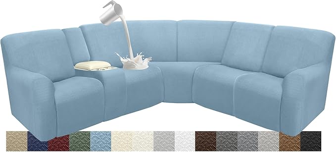 Waterproof Reclining Sectional Couch Covers Washable L Shaped Couch Cover for Sectionals Recliner Sofa Covers Stretch Corner Recliner Slipcovers(5 Seater 1 Console Cover, Light Blue)