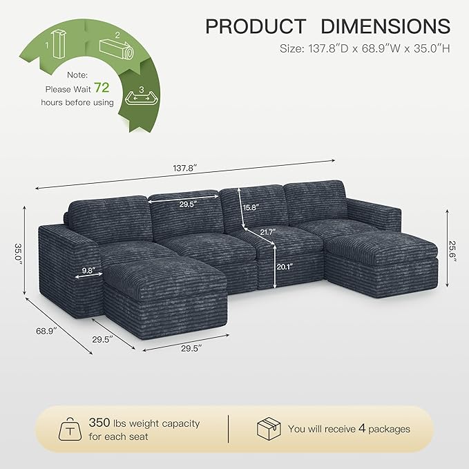 Belffin Boneless Cloud Modular Sectional Sofa with Deep Seat Plush Corduroy U Shaped Cloud Sectional Couches for Living Room No Assembly Required. Grey Couch