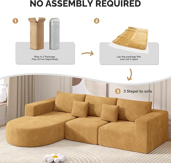 Boneless Couches for Living Room,Cloud Sectional Couch with L-Shape Chaise,Modern Modular Sofa with Deep Seat Upholstered Comfy Couches for Bedroom,No Assembly Required,1PCS