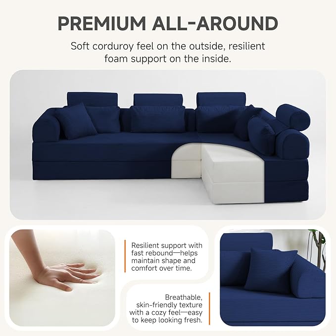 106" L-Shaped Boneless Sectional Couch, 2-Piece 70.87" Modules, Converts to 141.7" Extra-Long Straight Sofa, Corduroy Couch in a Box with Headrest & Back Pillows for Living Room, Dark Blue