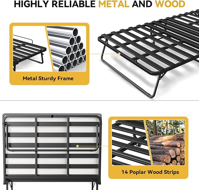 75" x 46" Folding Bed with Mattress for Adults, 5 Inch Memory Foam Mattress, Portable Foldable Rollaway Guest with Strong Metal & Wood Frame, Side Pocket