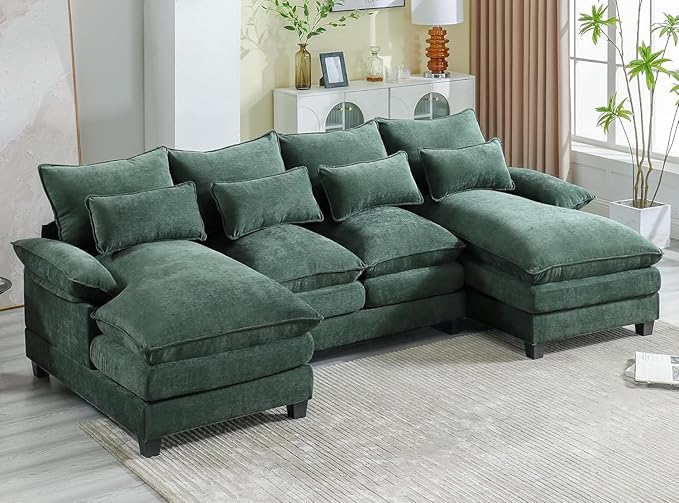 110.2" Modular U Shaped Cloud Couch, Modern 4-Seat Chenille Upholstery Sectional Sofa with Double Chaise & Double Layer Cushions, Deep Seat Comfy Couch for Living Room, Bedroom, Apartment, Green