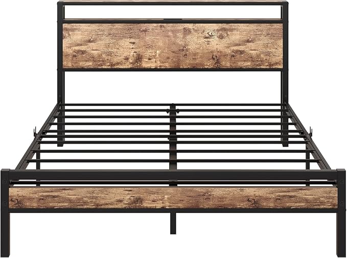 BOFENG Queen Bed Frame with Wood Headboard Storage,Heavy Duty Metal Platform Bed Frame Queen Size with Charging Station,Reinforced Steel Slats Support,No Box Spring Needed,Noise Free,Brown