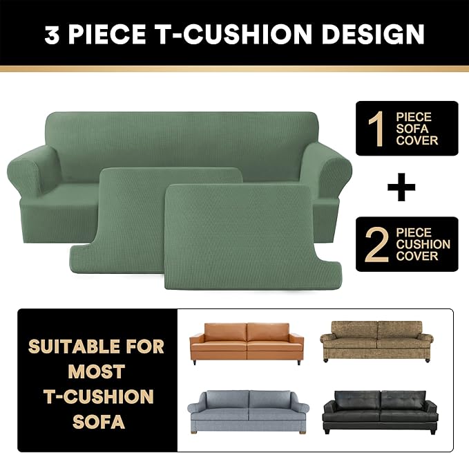 PrinceDeco T Cushion Sofa Slipcover 3 Pieces Sofa Covers for T Cushion Couch Soft Couch Cover Sofa Slip Covers (70"-88") Furniture Covers with 2 Individual T Shape Seat Cover, Loden Frost