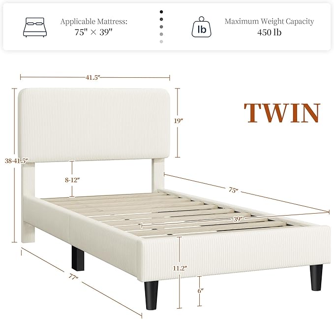 Yaheetech Twin Bed Frames with Adjustable Headboard, Chenille Fabric Upholstered Headboard/Platform Bed, Twin Size Bed Frame No Box Spring Needed/Mattress Foundation/Wood Slats Support/Easy Assembly