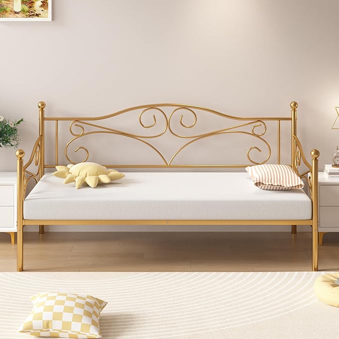 VECELO Daybed Frame, Twin Size Metal Platform Bed with Headboard,Heavy Duty Steel Slats Support for Living Room Bedroom Guest Room, Easy Assembly
