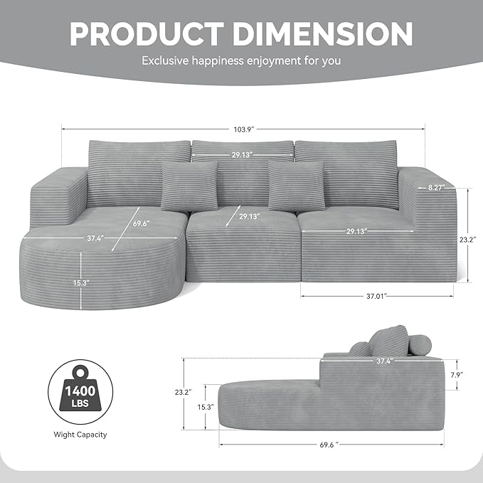 Boneless Couches for Living Room,Cloud Sectional Couch with L-Shape Chaise,Modern Modular Sofa with Deep Seat Upholstered Comfy Couches for Bedroom,No Assembly Required,1PCS