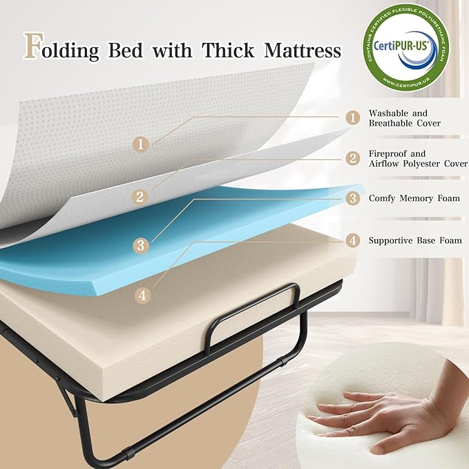 75''x38'' Folding Guest Bed for Adults, Foldable Rollaway Bed with Memory Foam Mattress & Sturdy Fold Up Metal Frame for Bedroom, Office, Apartments, Space-Saving Design for Easy Storage