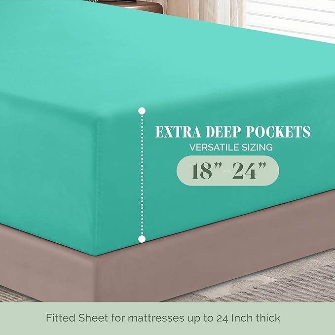 Elegant Comfort 1500 Premium Hotel Quality 18-24 Inches Deep - Extra Deep Pocket Single Fitted Sheet for High Mattress, Luxury and Softest, Smart Pocket - Wrinkle Free, Twin/Twin XL, Paradise Teal