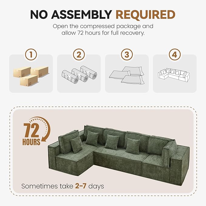 138'' Boneless Chenille L Shaped Couch, Oversized Modular Sectional 5 Seater Sofa, Modern Deep Seat Corner Cloud Compressed Couch, No Assembly Sleeper Sofa with Chaise for Living Room, Green