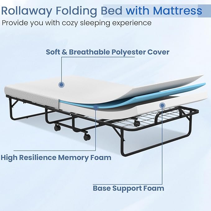 Giantex Folding Bed with Mattress for Adults, Twin Size Rollaway Beds for Guest, Space Saving Portable Foldable Bed w/Memory Foam Mattress & Metal Frame for Easy Storage, 75"x 38"