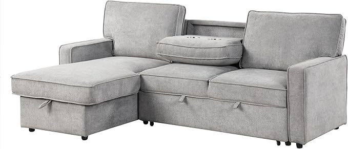LUMISOL 89" Convertible Sleeper Sofa Bed, Modern L-Shaped Sectional Sofa with Storage Chaise, Chenille Pull Out Couch Bed with Cup Holders & Charging Station for Living Room, Gray