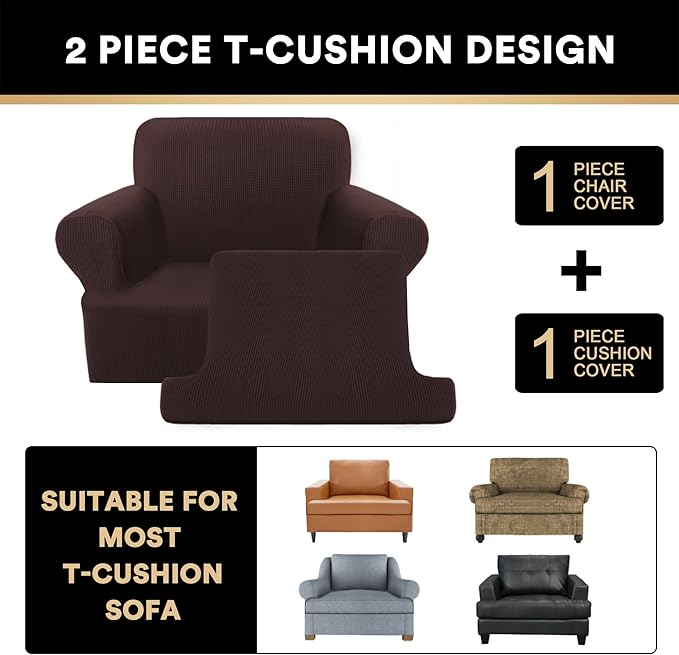 PrinceDeco 2 Pieces Armchair Slipcover Stretch Couch Covers for T Cushion Chair Slipcovers Soft Arm Chiar Cover Furniture Covers with 1 Individual T Shape Seat Covers Width Up to 40", Brown