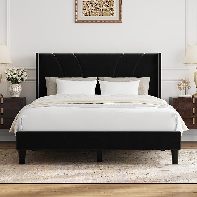Novilla Queen Size Bed Frame, Queen Bed Frame with Headboard, Velvet Upholstered Wing Side Headboard, No Box Spring Needed, Heavy Duty Feet, Easy Assembly, Black Velvet