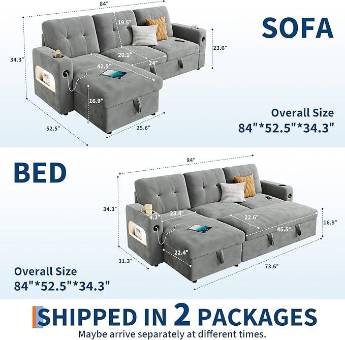GarveeHome 84 Inch Sleeper Sofa Couch, L-Shaped Sofa, Convertible Pull Out Sofa Bed with Storage, Charging Station, Led Lights, Modern Sectional Sofa for Living Room, Apartment, Velvet, Light Grey