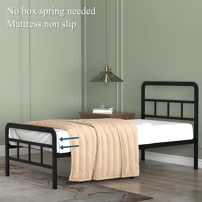 Richwanone 14 inch Twin Bed Frame with Headboard and Footboard, Metal Bed Frame with Steel Slat Support, No Box Spring Needed, Easy Assembly, Black