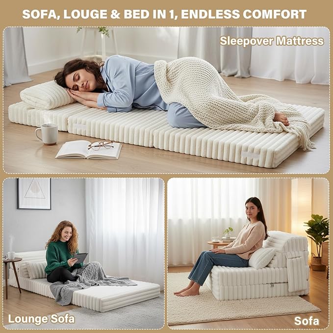 Tiita Folding Sofa Bed Twin Size, Convertible Sleeper Chair Mattress with Pillow, Thick Corduroy Floor Mattress Couch Bed with Side Pocket, Guest Room, Dorm, Apartment, Beige