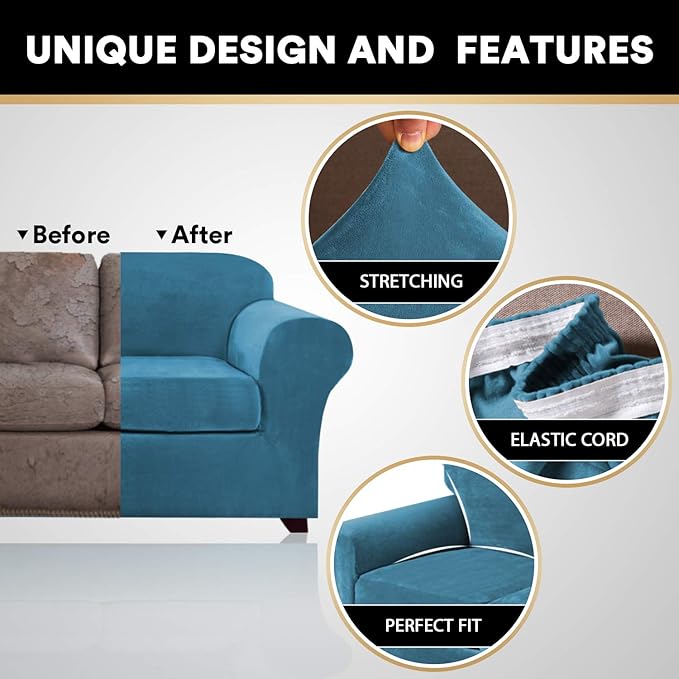 PrinceDeco Velvet Couch Cover Loveseat Covers for 2 Cushion Couch 3 Piece Sofa Covers for Dogs Washable Loveseat Covers Width Up to 72 Inch No Slip Stretch Sofa Slipcover(Medium, Blue)