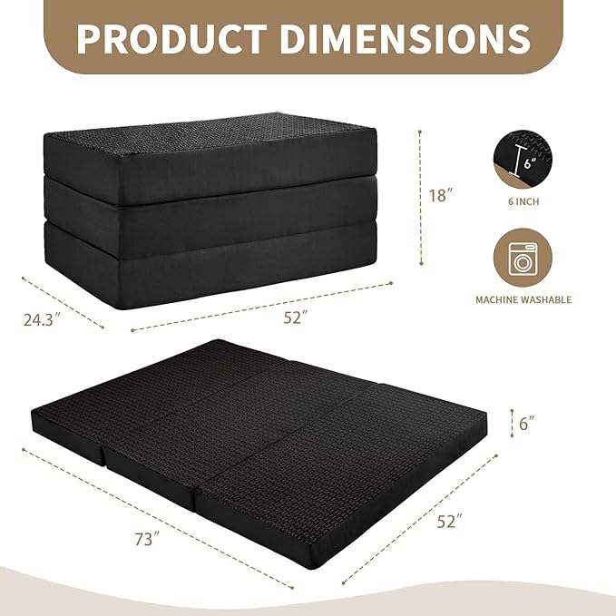 CYMULA Folding Mattress Full Size, 6 inch Memory Foam Tri Portable Murphy Bed and Futon, Full Topper with Breathable & Washable Cover, Foldable Floor Mattress for RV，Guest Beds，Black (52"×73"×6")
