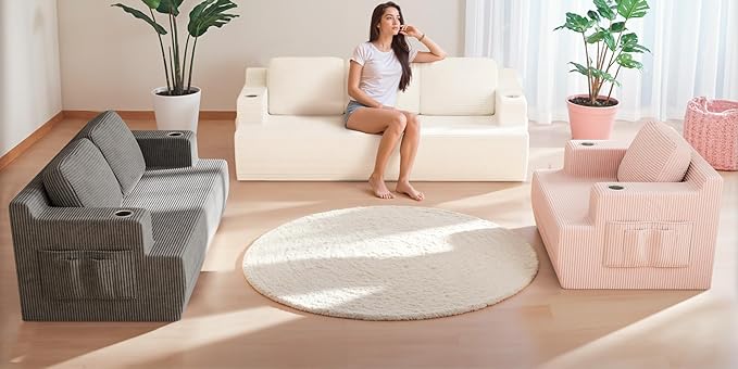 Homall 87” Boneless Sofa Couch with 2 Pillows Extra Deep Seats, Corduroy Fabric 3 Seater with Cup Holder & Storage Pocket Upholstered Floor Easy Installation (White, 3 Seater)
