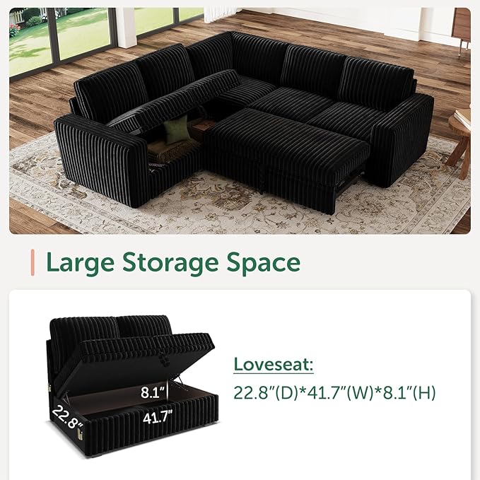 HONBAY Modular Sectional Sleeper Sofa with Pull Out Bed,Corduroy L Shaped Couch with Storage, Sectional Couches for Living Room,Black