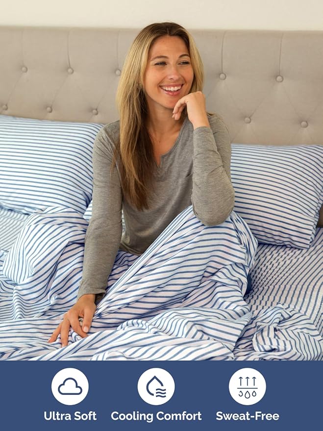 Extra Deep King Sheet Set - 6 Piece Breathable and Cooling Sheets - Hotel Luxury Bedding for Women, Men, Kids & Teens - Easy & Secure Fit - Soft and Wrinkle Free - Extra Deep Pockets - Blue Stripes