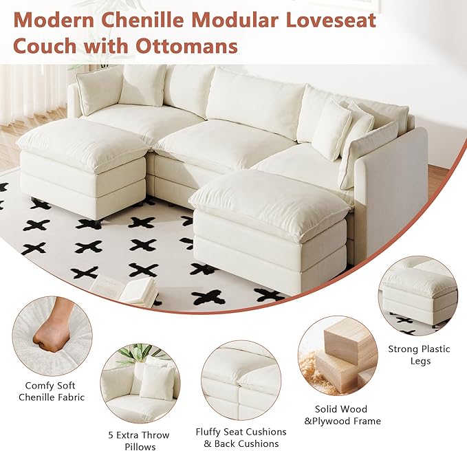 Setawix Deep 3 Seater Couch with Ottomans,112.2" U-Shaped Cloud Couches for Living Room,Chenille Cloud Sofa Couch with Deep Seat,Modular Sectional U Shape 3 Seat Sofa for Bedroom (Beige, 3+2)