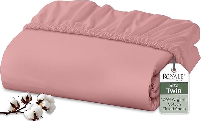 Royale Linens 100% Organic Cotton Fitted Sheet - Percale Weave - Super Soft Deep Pocket Bottom Sheets - Pink Elastic Sheet Twin Size - Twin Fitted Sheets Only - (39"x75"+15", Pink)