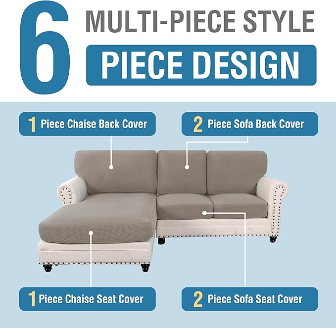 H.VERSAILTEX 2025 New Sectional Couch Covers 6 Pieces Stretch Sofa Covers for Sectional Sofa Set Separate L Shaped Couch Cover for Both Left/Right Couch (Seat and Back: 1 Chaise + 2 Sofa, Taupe)