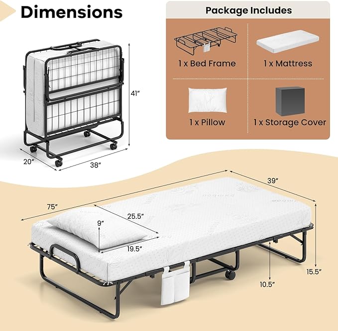 Giantex Twin Folding Bed with 5 Inch Mattress, Rollaway Guest Bed with Top Pillow, Storage Pocket & Metal Frame, Space-Saving Fold up Beds, Portable Roll Away Beds for Adults, 75" x 39"