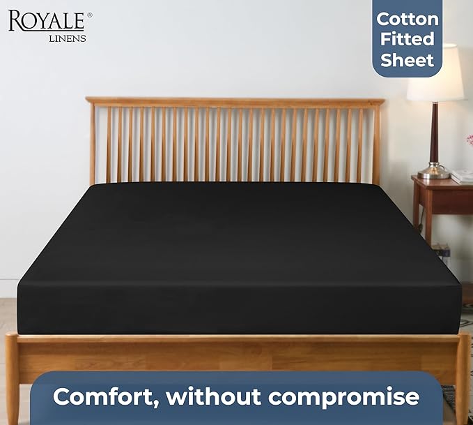 Royale Linens 100% Organic Cotton Fitted Sheet - Percale Weave - Super Soft Deep Pocket Bottom Sheets - Black Elastic Sheet Queen Size - Queen Fitted Sheets Only - (60"x80"+15", Black)