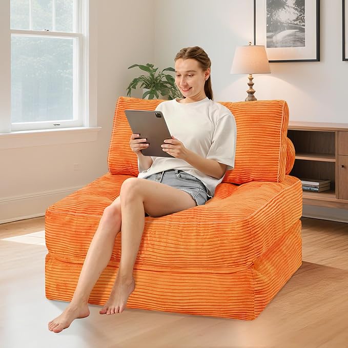 HABUTWAY Folding Sofa Bed, Convertible Sleeper Chair Bed w/Dual-Pillow & Handle, Foldable Floor Sofa Lounge w/Back Support for Living Room, Bedroom, Apartment, Office, Single, Orange